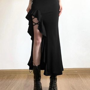 High Waist Irregular Split Y2K Goth Skirt for Edgy Aesthetic Outfits