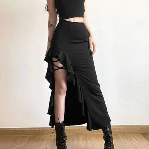 High Waist Irregular Split Y2K Goth Skirt for Edgy Aesthetic Outfits