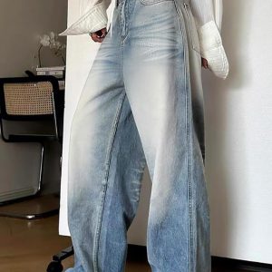 High Waist Loose-Fit Wide-Leg Jeans in Vintage Wash - Y2K Aesthetic Denim Style