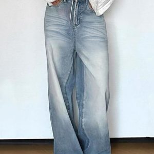 High Waist Loose-Fit Wide-Leg Jeans in Vintage Wash - Y2K Aesthetic Denim Style