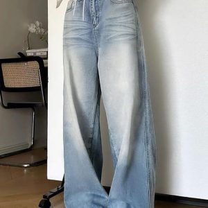 High Waist Loose-Fit Wide-Leg Jeans in Vintage Wash - Y2K Aesthetic Denim Style