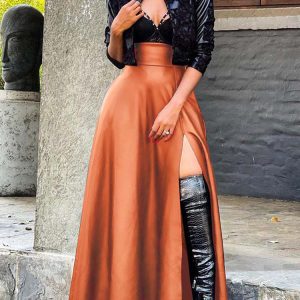 High Waist Side Slit PU Skirt - Y2K Aesthetic Grunge Style for Trendy Outfits