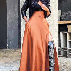 High Waist Side Slit PU Skirt - Y2K Aesthetic Grunge Style for Trendy Outfits