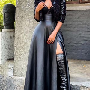 High Waist Side Slit PU Skirt - Y2K Aesthetic Grunge Style for Trendy Outfits