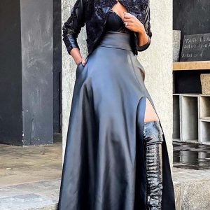 High Waist Side Slit PU Skirt - Y2K Aesthetic Grunge Style for Trendy Outfits