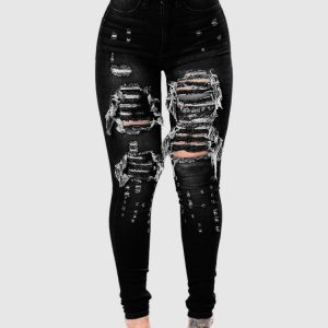 High-Waisted Ripped Skinny Jeans for Y2K Fashion and Grunge Aesthetic Outfits