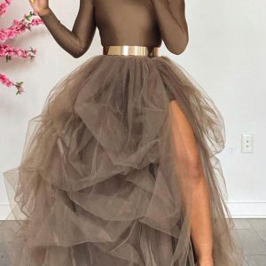 High-Waisted Slit Tulle Skirt for Y2K Fashion & Coquette Aesthetic Outfits