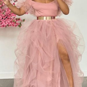 High-Waisted Slit Tulle Skirt for Y2K Fashion & Coquette Aesthetic Outfits