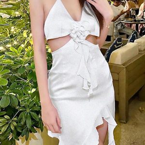 Hollow Out Tie-Up Halterneck Sleeveless Dress in Y2K Aesthetic for Trendy Summer Vibes