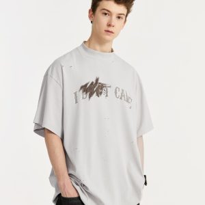 I Don't Care Y2K High-Neck T-Shirt - Trendy Grunge Aesthetic Top for Effortless Style