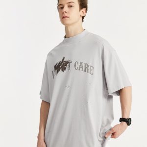 I Don't Care Y2K High-Neck T-Shirt - Trendy Grunge Aesthetic Top for Effortless Style