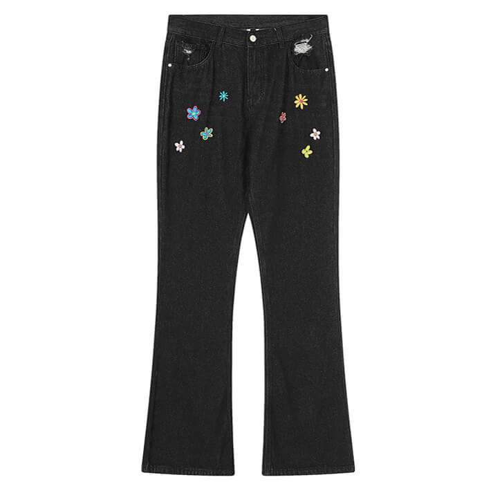 Indie Aesthetic Flower Embroidery Denim Jeans for a Boho-Chic Look