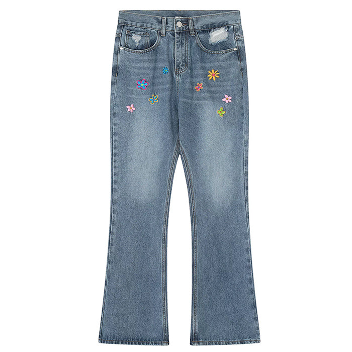 Indie Aesthetic Flower Embroidery Denim Jeans for a Boho-Chic Look