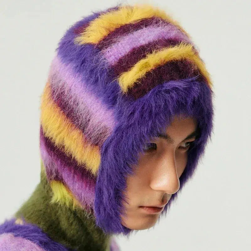 Indie Striped Fluffy Balaclava - Y2K Aesthetic Cozy Accessory for Unique Outfits