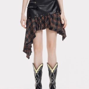 Irregular Plaid Patchwork Skirt - Y2K Aesthetic Grunge Style for Trendy Outfits