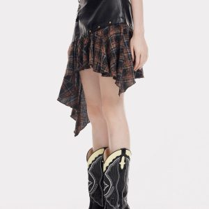 Irregular Plaid Patchwork Skirt - Y2K Aesthetic Grunge Style for Trendy Outfits