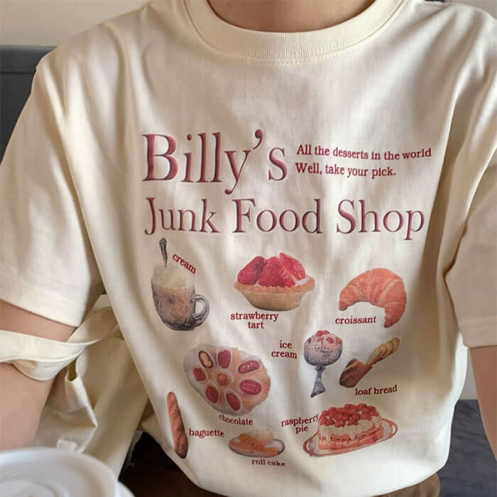 Junk Food Shop Y2K Aesthetic Graphic Tee - Trendy Vintage-Inspired Casual Top