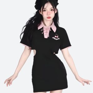 Kawaii Cherry Cut-Out Mini Polo Dress - Adorable Y2K Aesthetic for Cute Summer Outfits