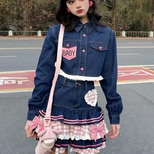 Kawaii Layered Denim Cargo Skirt for Y2K Aesthetic Outfits and Cute Fashion Styles