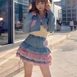 Kawaii Layered Denim Cargo Skirt for Y2K Aesthetic Outfits and Cute Fashion Styles