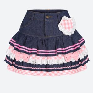 Kawaii Layered Denim Cargo Skirt for Y2K Aesthetic Outfits and Cute Fashion Styles