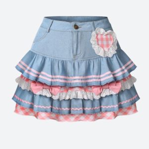 Kawaii Layered Denim Cargo Skirt for Y2K Aesthetic Outfits and Cute Fashion Styles