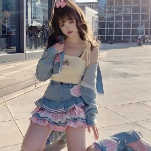 Kawaii Layered Denim Cargo Skirt for Y2K Aesthetic Outfits and Cute Fashion Styles