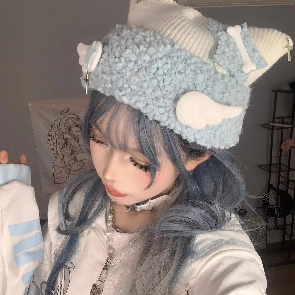 Kawaii Soft Girl Knitted Beanie with Adorable Wings for Y2K Aesthetic Fashion