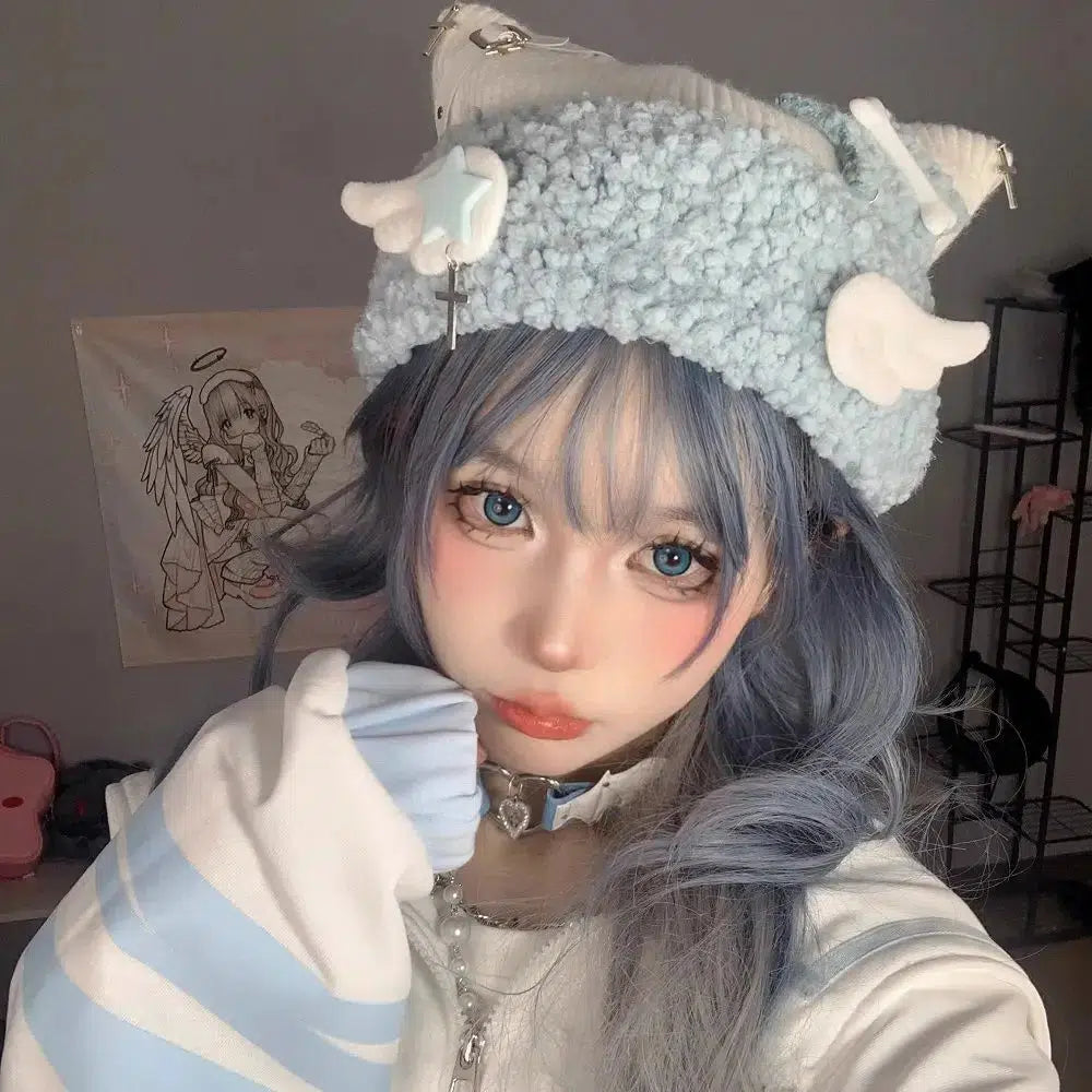 Kawaii Soft Girl Knitted Beanie with Adorable Wings for Y2K Aesthetic Fashion