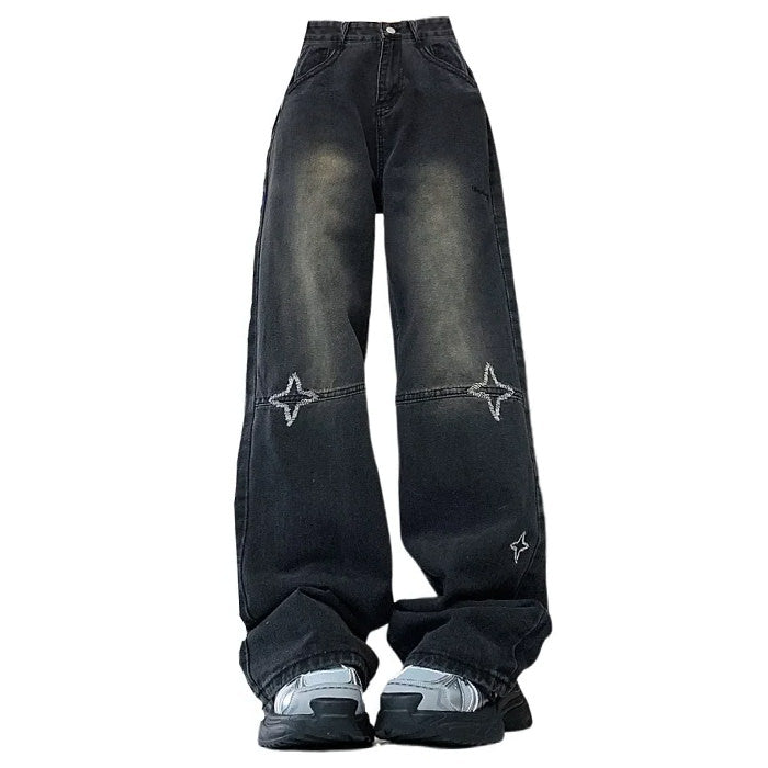 Knee Star Black Jeans - Y2K Grunge Style with Aesthetic Appeal for Trendy Outfits