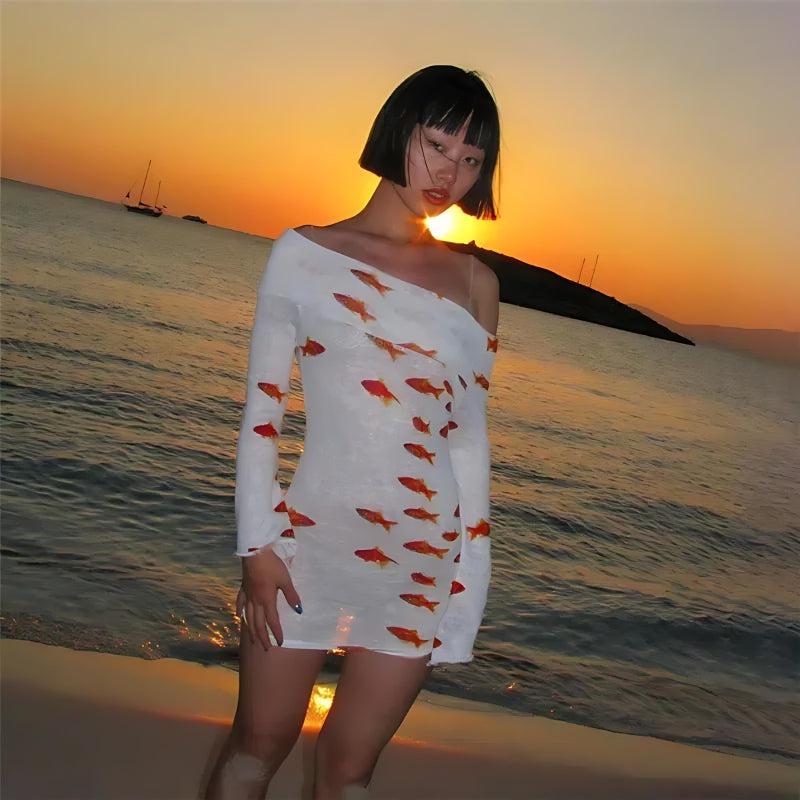 Koi Fish Print Mesh Mini Dress - Y2K Aesthetic Cute Dress for Trendy Outfits