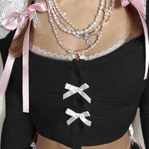 Lace Bow Patchwork Long Sleeve Crop Top - Y2K Aesthetic Cute Top for Coquette Style