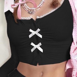 Lace Bow Patchwork Long Sleeve Crop Top - Y2K Aesthetic Cute Top for Coquette Style