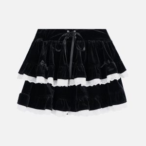 Lace Bow Patchwork Skirt - Y2K Aesthetic Cute Skirt for Coquette and Grunge Styles