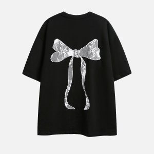 Lace Bow Tee: Y2K Aesthetic Cute Top for Coquette Style and Grunge Outfits