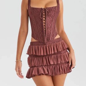 Lace Corset Top & Mini Skirt Y2K Aesthetic Two Piece Set for Trendy Outfits