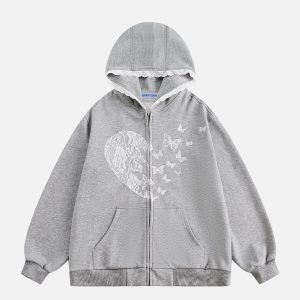 Lace Heart Butterfly Y2K Hoodie - Cute Aesthetic Top for Coquette and Grunge Styles