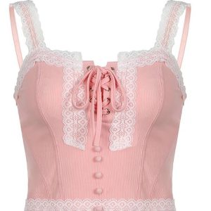 Lace Patchwork Tie-Front Tank Top for Y2K Aesthetic and Coquette Style Outfits