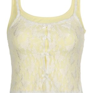 Lace Patchwork Yellow Bow Cami Top - Y2K Aesthetic Cute Crop for Coquette Style Outfits