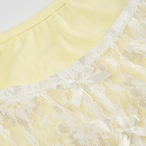 Lace Patchwork Yellow Bow Cami Top - Y2K Aesthetic Cute Crop for Coquette Style Outfits