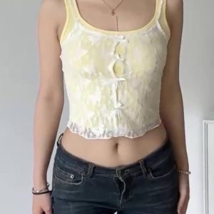 Lace Patchwork Yellow Bow Cami Top - Y2K Aesthetic Cute Crop for Coquette Style Outfits