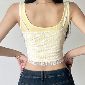 Lace Patchwork Yellow Bow Cami Top - Y2K Aesthetic Cute Crop for Coquette Style Outfits