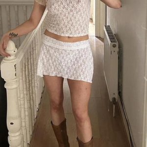 Lace Print Short Sleeve Tee & Mini Skirt Set - Y2K Aesthetic Outfit for Trendy Looks