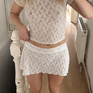 Lace Print Short Sleeve Tee & Mini Skirt Set - Y2K Aesthetic Outfit for Trendy Looks