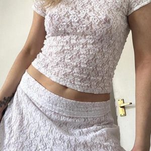 Lace Print Short Sleeve Tee & Mini Skirt Set - Y2K Aesthetic Outfit for Trendy Looks