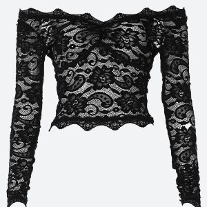 Lace Sheer Off Shoulder Top - Y2K Aesthetic Cute Crop Top for Coquette Style Outfits