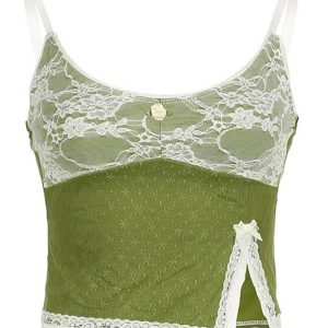 Lace Split Contrast Camisole Top - Y2K Aesthetic Cute Top for Coquette and Grunge Styles