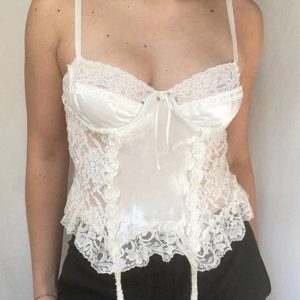 Lace Stitching Hollow Cami Top - Y2K Aesthetic Cute Crop Top for Coquette Style Outfits