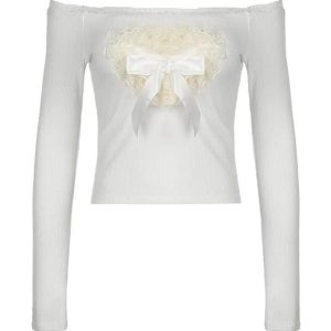 Lace Stitching Love Bow Long Sleeve Knit Top - Y2K Aesthetic Cute Fashion Essential