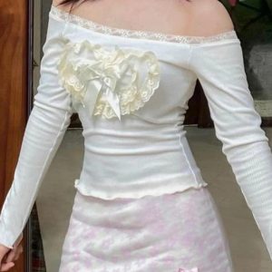 Lace Stitching Love Bow Long Sleeve Knit Top - Y2K Aesthetic Cute Fashion Essential